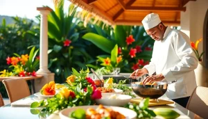 Experience the artistry of St Martin Private Chef showcasing a gourmet dish in a tropical villa.