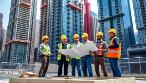 Manhattan Commercial General Contractor leads a diverse team at a busy construction site in NYC.