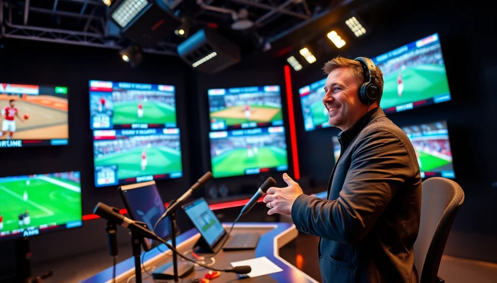 스포츠중계에 대해 열정적으로 설명하는 방송인과 실시간 스포츠 화면.