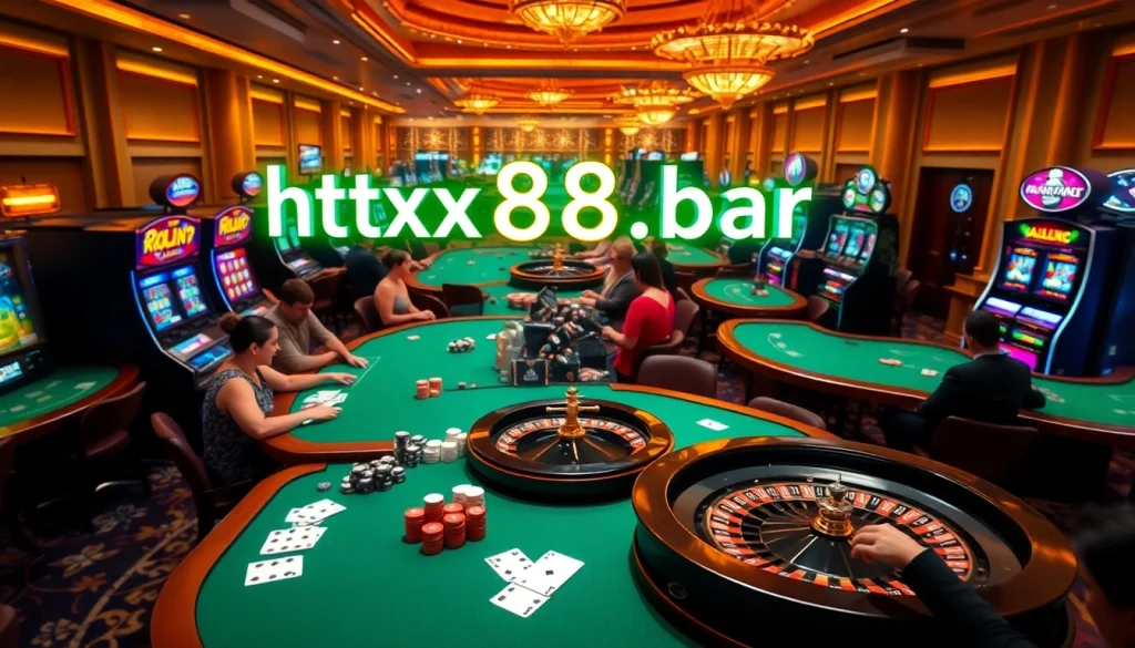 Experience exciting gameplay at https://xx88.bar/ with dazzling casino scenes filled with roulette wheels and poker tables.