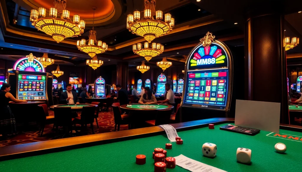 Experience thrilling gameplay with MM88 at a bustling casino floor featuring poker, slots, and roulette.