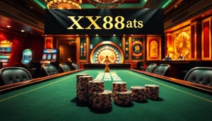 Experience the excitement of XX88 Boats at a luxurious poker table surrounded by vibrant casino lights.