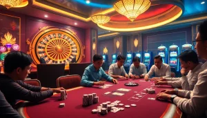 LIÊN MINH KJC showcases thrill as players calculate risks at a poker table in an upscale casino.