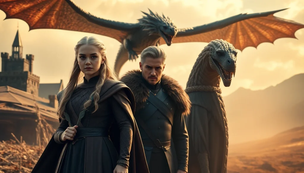 Dynamic portrayal of the Game of Thrones cast, showcasing characters in a medieval setting.