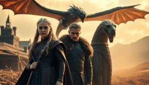 Dynamic portrayal of the Game of Thrones cast, showcasing characters in a medieval setting.