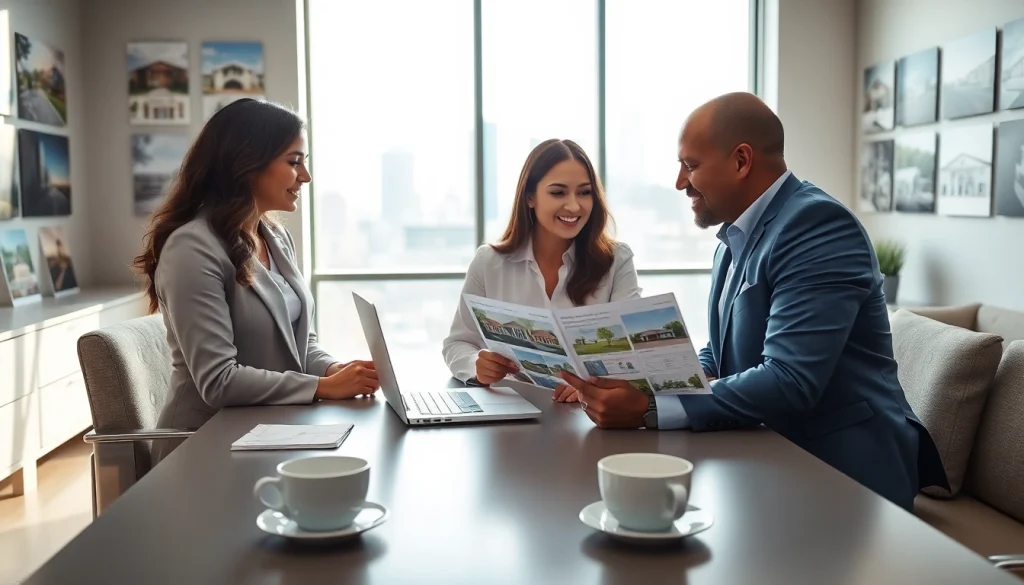 Real Estate agents collaborating in a bright office setting, discussing property listings.