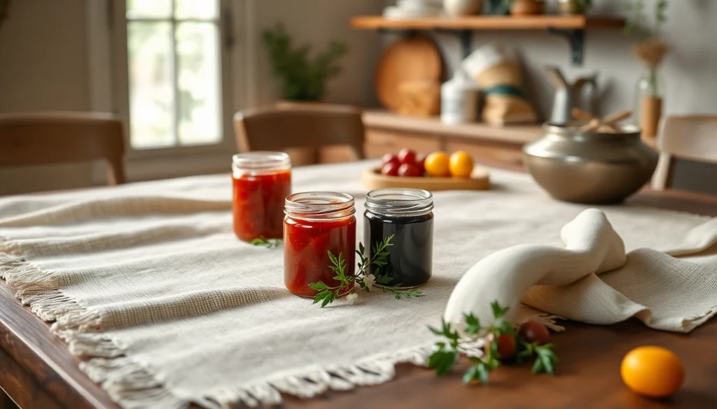 Kaasdoek gebruikt voor het presenteren van zelfgemaakte jam op een houten tafel.