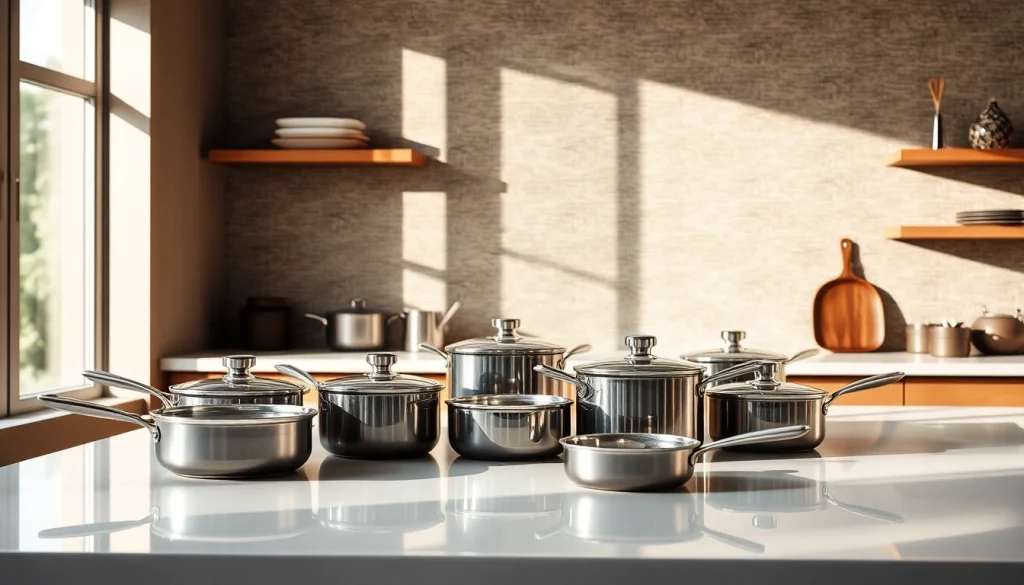 Showcasing cookware arranged beautifully in a modern kitchen with natural lighting.