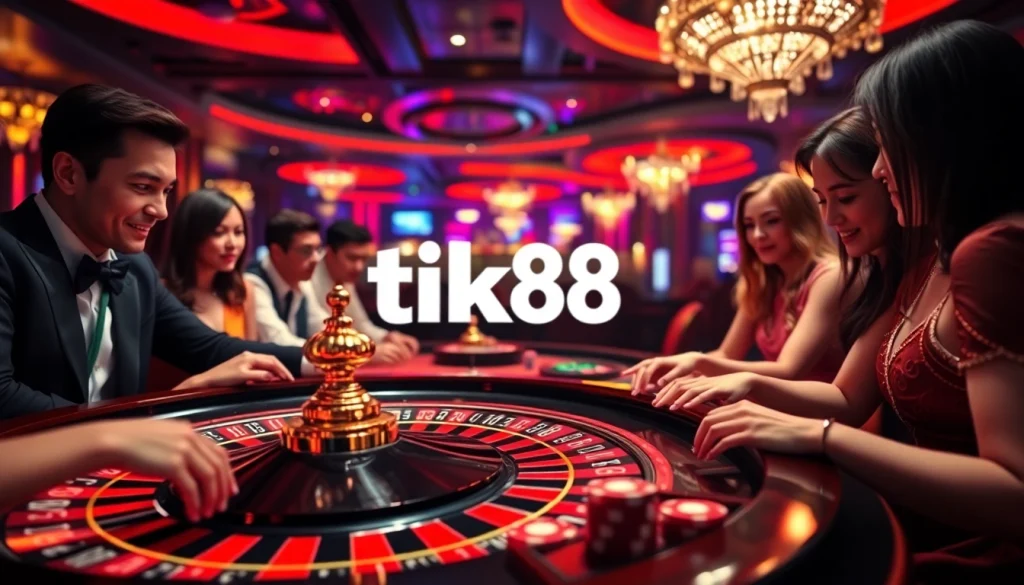 Trải nghiệm sự hứng khởi của tik88 tại bàn casino sang trọng với roulette và các chip poker đang hoạt động.