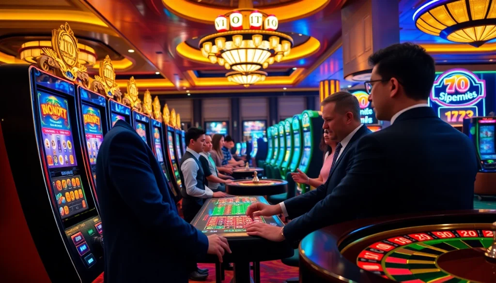Players enjoying the excitement of agen toto slot games in a luxurious casino setting with vibrant lights.