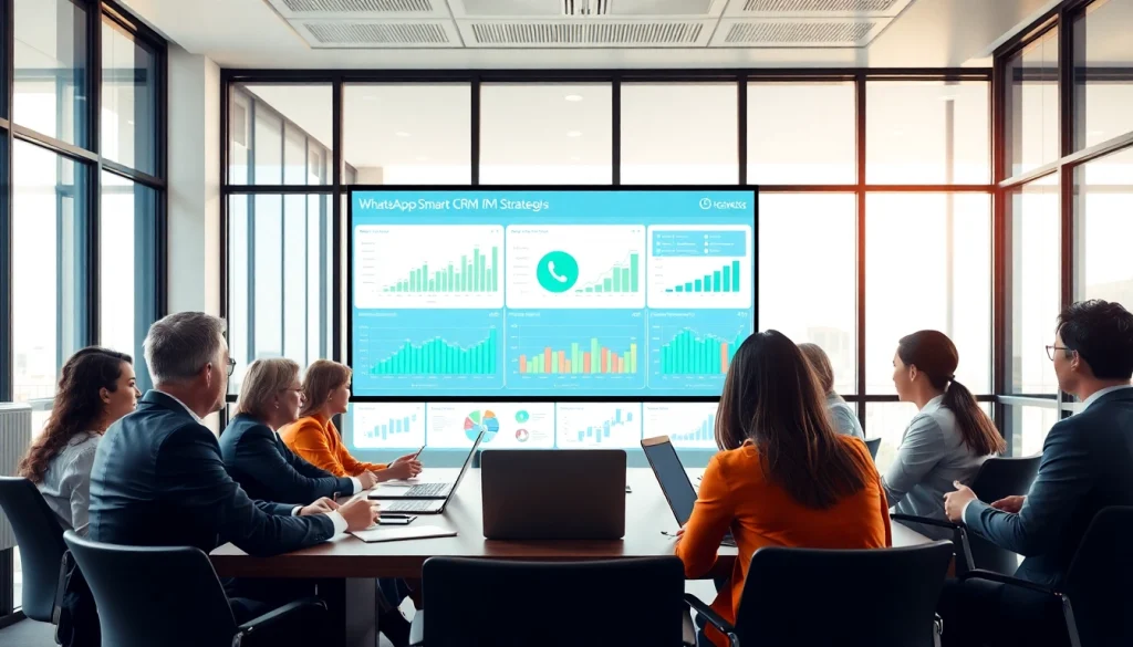 Team analyzing WhatsApp Smart CRM metrics in a modern office setting.