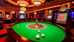 Players enjoy the thrill of Slot Terpercaya at a vibrant casino featuring roulette and slot machines.