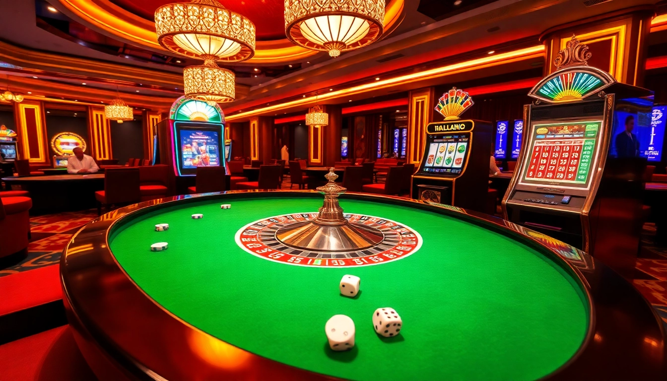 Players enjoy the thrill of Slot Terpercaya at a vibrant casino featuring roulette and slot machines.