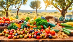 Delicious Mediterranean diet spread showcasing colorful vegetables, fruits, and lean proteins.