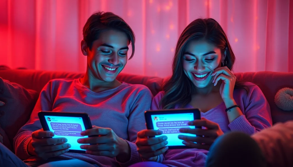 Engaged in ai sexting, a couple shares playful moments through their devices in an intimate setting.