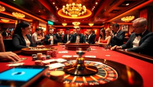 Engaging players at a lively casino table featuring link 188bet, poker chips, and cards.