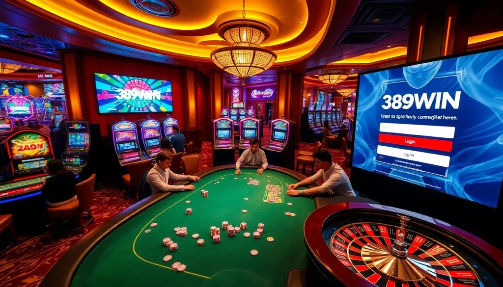 Engaging scene of a casino showcasing 389WIN Login with poker chips and roulette wheels.