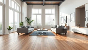 Salon moderne et élégant mettant en valeur un sol en carrelage imitation parquet dans un espace lumineux.