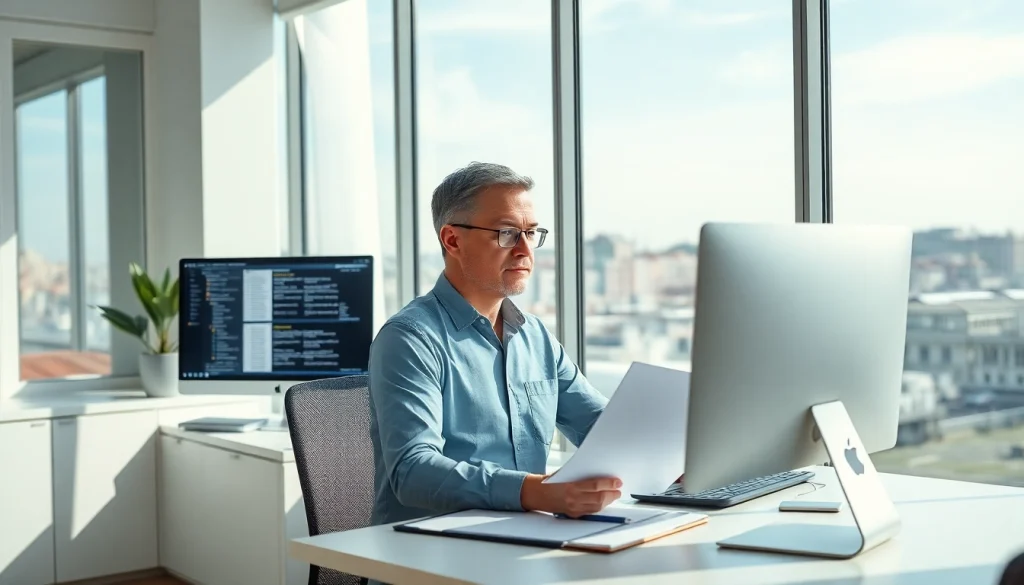 Traducteur assermenté professionnel à Marseille travaillant dans un bureau moderne.