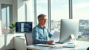Traducteur assermenté professionnel à Marseille travaillant dans un bureau moderne.