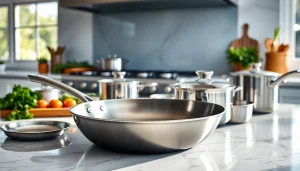 Showcasing high-quality stainless steel cookware NZ on a bright kitchen counter.