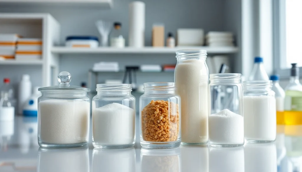 Foritore di dolcificanti in laboratorio con varietà di dolcificanti in contenitori eleganti