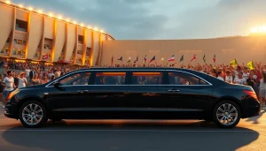 Luxury limousine for World Cup Group Transportation waiting outside a grand stadium, capturing excitement and elegance.