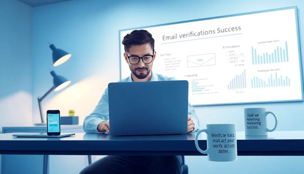 Online email verification interface displayed on a laptop in a professional workspace.
