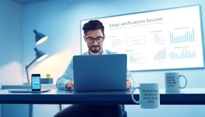 Online email verification interface displayed on a laptop in a professional workspace.