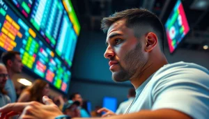 Engaging scene of Canada sports betting with a bettor placing a wager at a modern sportsbook.