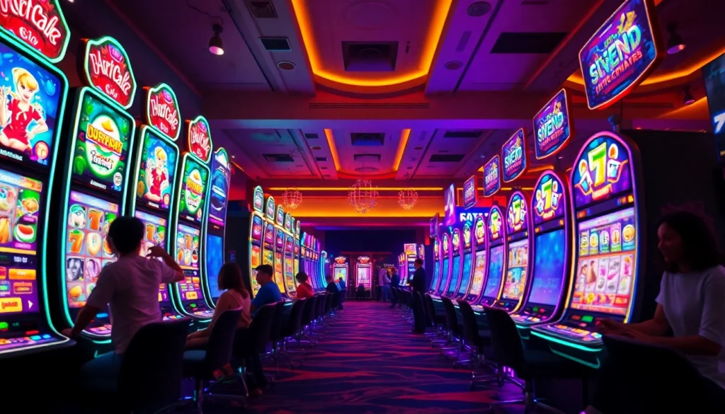 Kode4d vibrant online gaming scene with slot machines and players enjoying the action
