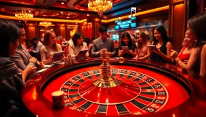 Players enjoying the thrill of gambling at a vibrant casino table, highlighting No hu elements.