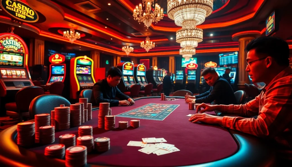 Engaged players at a glamorous casino table, illustrating "Nếu như vậy bám vào đây" as they strategize their winning moves.