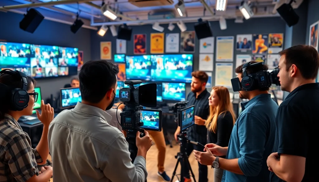 Showcasing a Creative Video Production Agency team brainstorming ideas and editing footage in a vibrant studio.