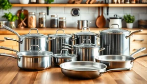 Cookware displayed elegantly on a kitchen countertop showcasing high-quality materials.