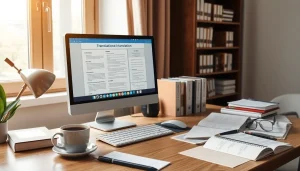 Professional workspace illustrating traduzione giurata with documents and translation tools.