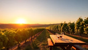 Enjoy wineries in Clarksburg with a scenic vineyard and inviting wine tasting setup.