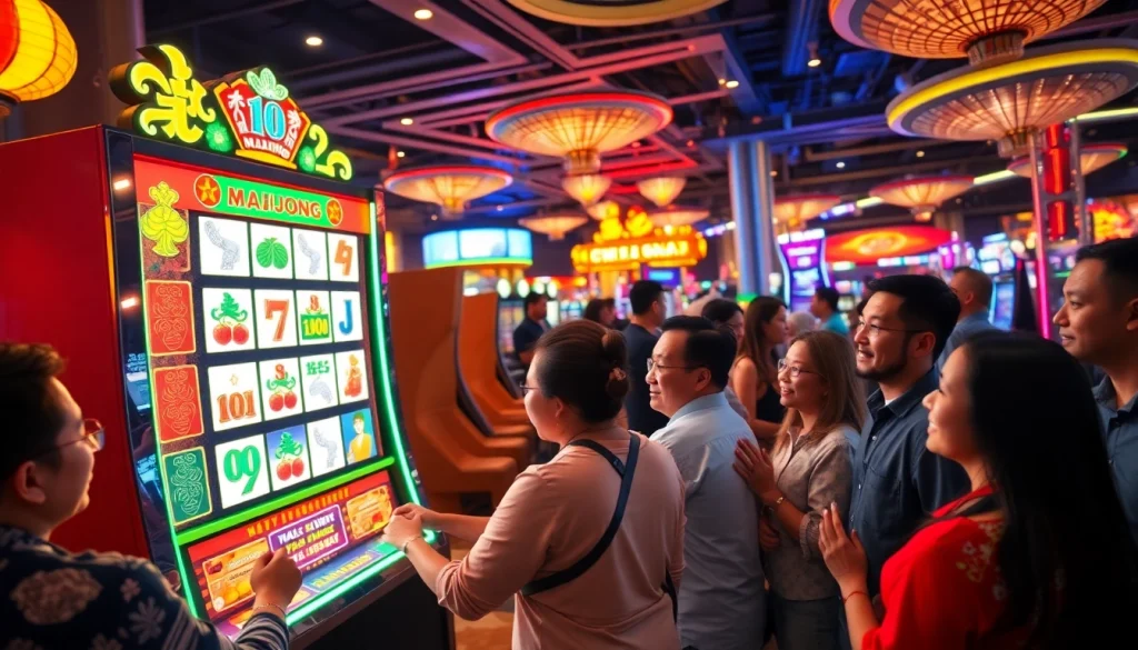 Mainkan mahjong slot dengan penuh semangat di kasino yang ramai.