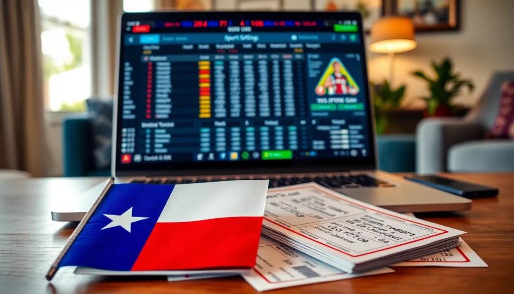 Engaging setup showcasing Texas sports betting with a laptop and sports statistics.