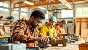 Students learning at construction trade schools in texas with hands-on training and teamwork.