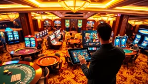 Engaged gamblers playing at a luxurious casino ambiance linked to RR88, invoking excitement and professionalism.