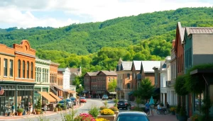 Clarksburg, West Virginia features historic buildings and community life during a warm day.
