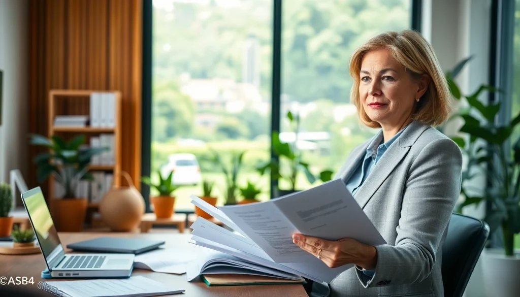 Environmental lawyer reviewing case files in a modern office with greenery.