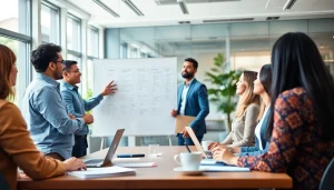 Engaging business coaching service session with a focus on strategy in a modern office.