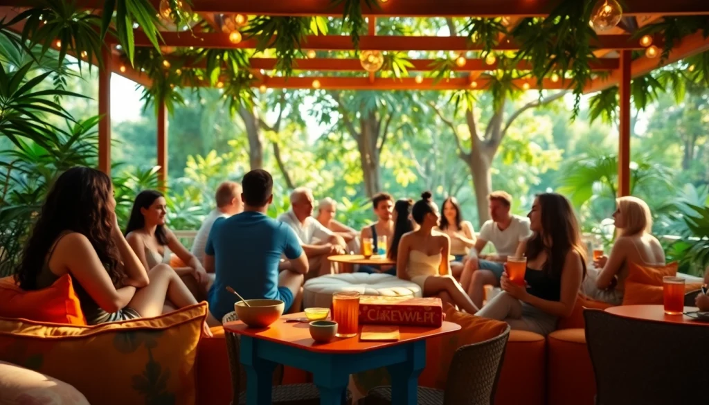 Cannabis social club Majorque with colorful seating and friends enjoying a sunny day.
