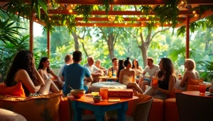 Cannabis social club Majorque with colorful seating and friends enjoying a sunny day.
