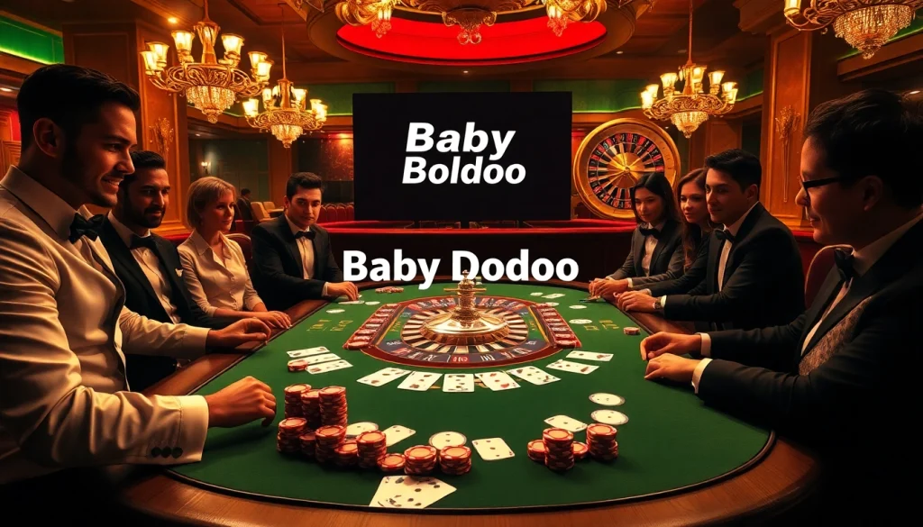 Exciting casino scene featuring high-stakes poker with Baby Dodoo branding and luxurious ambiance.