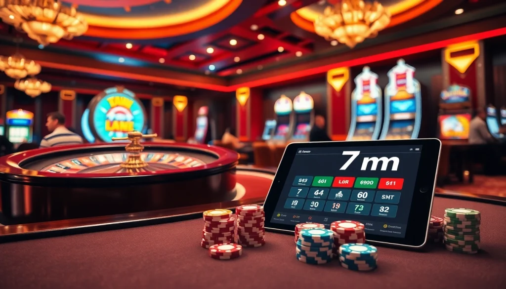 Players strategize at the 7m poker table amid vibrant casino ambiance.