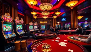Experience a thrilling Slot777 casino atmosphere with vibrant slot machines and poker tables.
