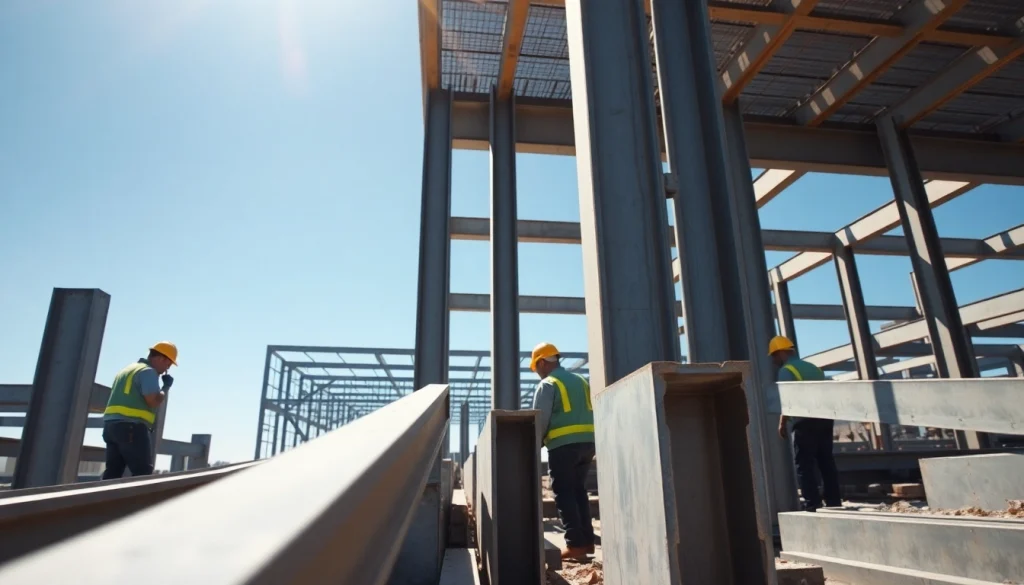 Skilled workers performing structural steel installation at a bright construction site with steel beams.